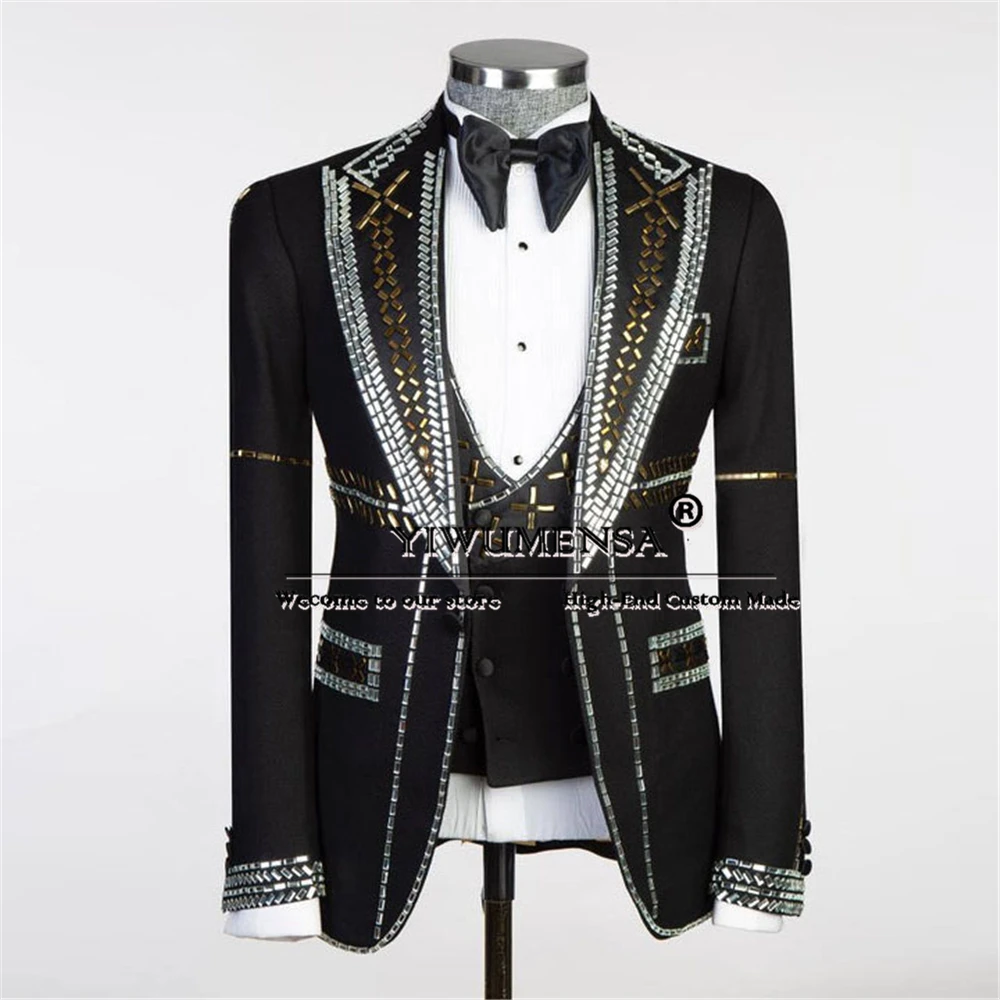 

Luxury Groom Tuxedo Jewelry Diamond Jacket Vest Pants 3 Pcs Suits Men Tailored Male Fashion Clothing Costume Homme Pour Mariage