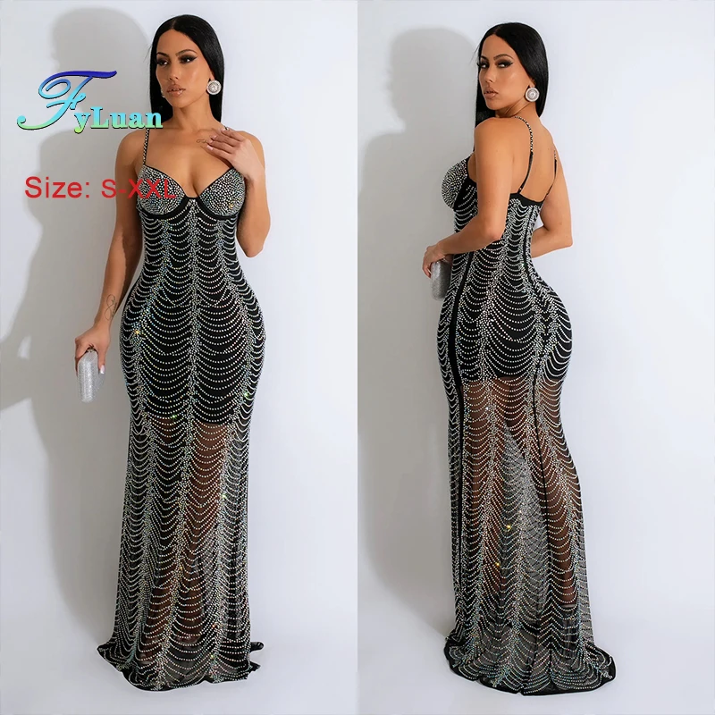 

Gorgeous Black Rhinestone Women's Halter Tops Mermaid Gown Summer Sheer Mesh Crystal Maxi Dress for Women Celebrity Party Outfit