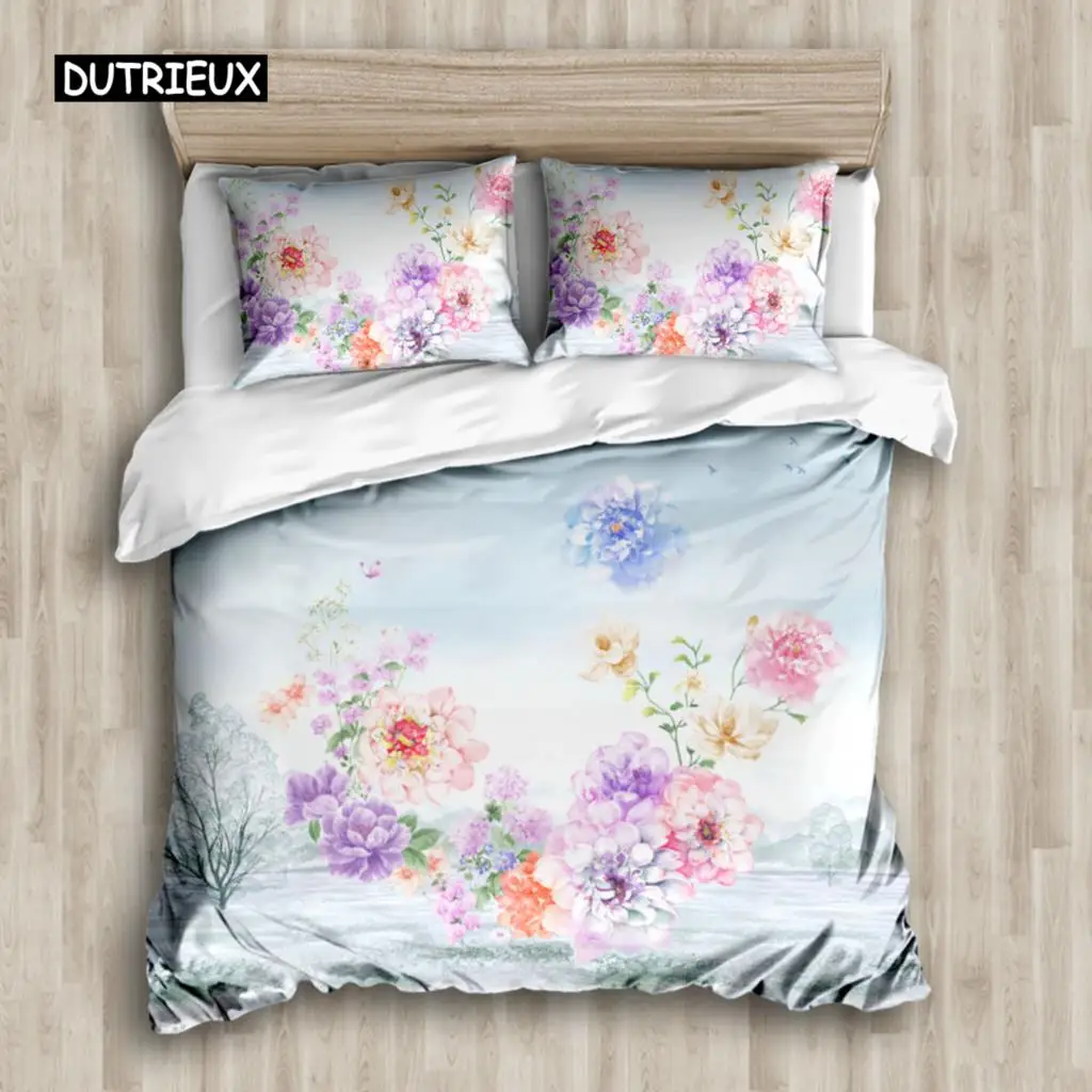 

Flower Duvet Cover Botanical Leaves Reversible Floral Colorful Bedding Set Natural Plant Double Queen King Polyester Qulit Cover