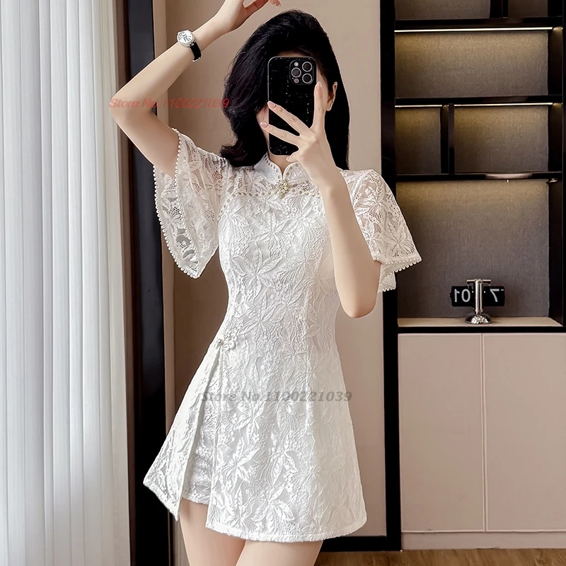 2025 chinês sexy qipao melhorado cheongsam vestido + shorts rendas flor boate vestido qipao hotel spa trabalho vestido uniforme de beleza