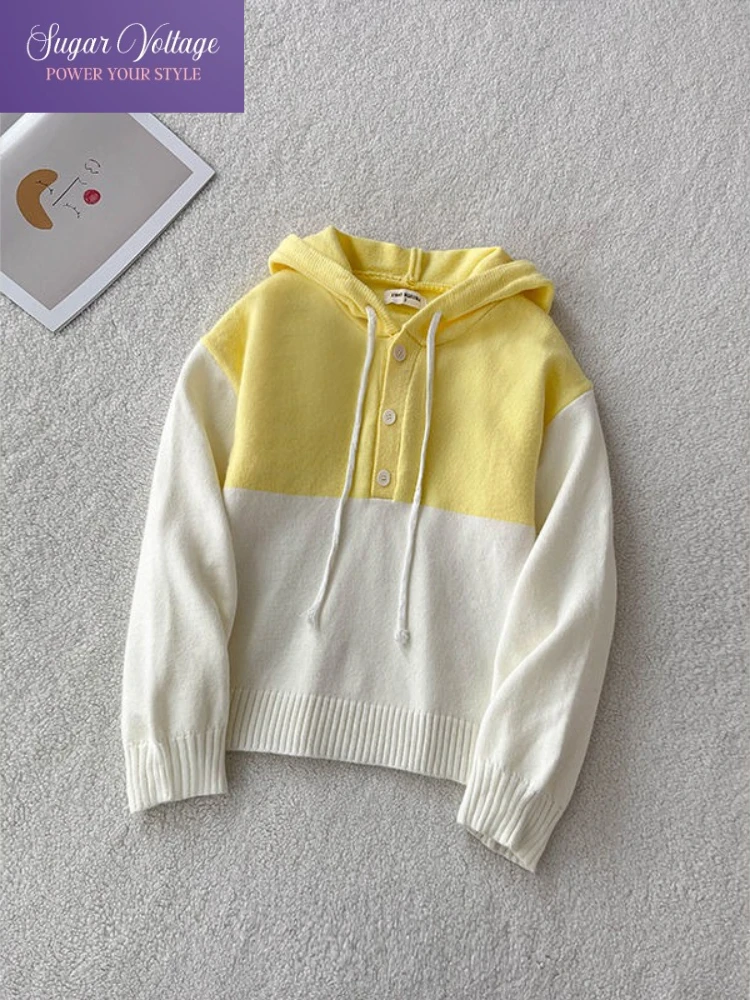 

Корейская ретро контрастного цвета толстовка женская осень лимонно-желтый вязаный пуловер с длинным рукавом мягкий свободный крой ленивый стиль уличная одежда топы