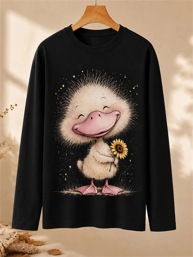 Fall Fashion Long-Sleeve Round-Neck Women's T-Shirt with Cute Duck Print Comfortable for Home and Leisure Loose-Fit Top
