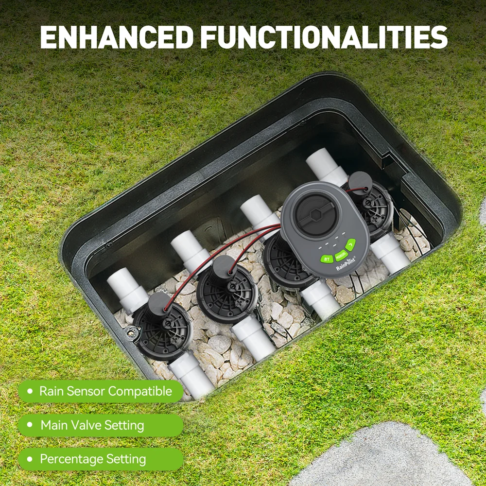 RainPoint 4-Zone Bluetooth Irrigation Controller Precision Water Management With 4 DC Valves Manual Watering System Schedules