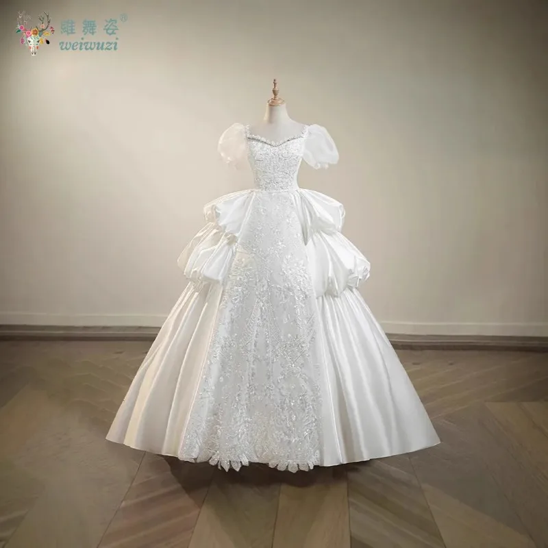 Vestido de novia de industria pesada estilo palaciego Retro francés, bordado de cuentas de lentejuelas, vestido de novia de satén bordado hecho a mano