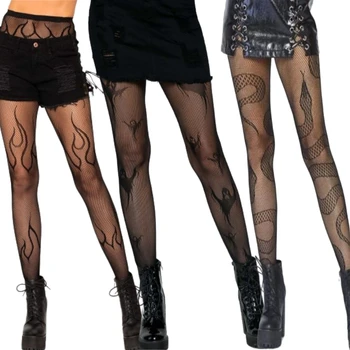黒メッシュ炎タイトストッキング女性のセクシーな網タイツゴシックパンクロリータハロウィン火災/ヘビ/スカルメッシュストッキングストッキング