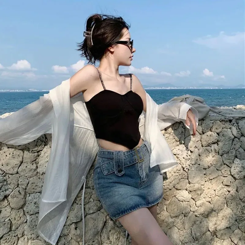 Chemise blanche fine à manches longues pour femmes, chemisier de plage, fendu dans le dos, à lacets, mode coréenne, décontracté, vacances