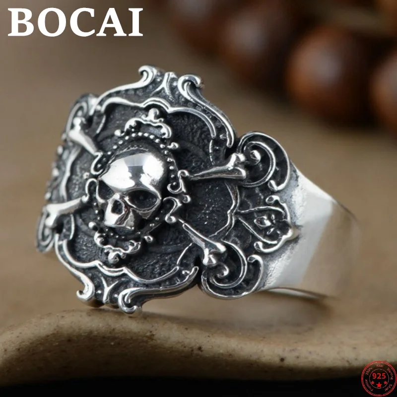 BOCAI S925 Sterling Silver Rings for Women Men New Fashion Eternal Rattan Emboss-skull Adjustable Punk Jewelry