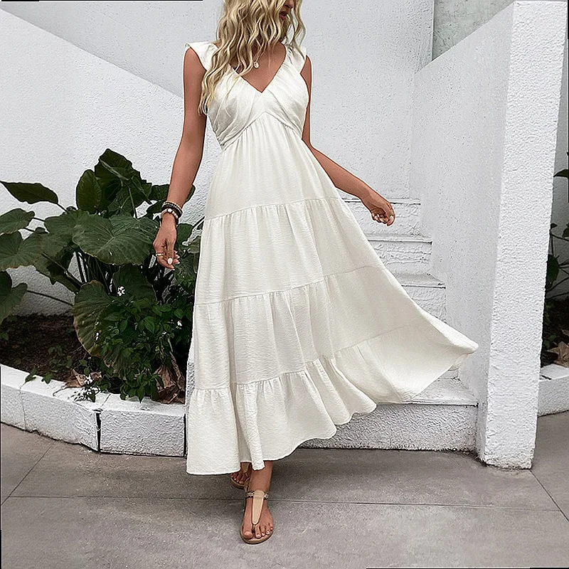 Elegant Solid Color Summer Dress Women Casual Vacation Flowy Midi Dresses Spring Summer Boho Chic Sundress