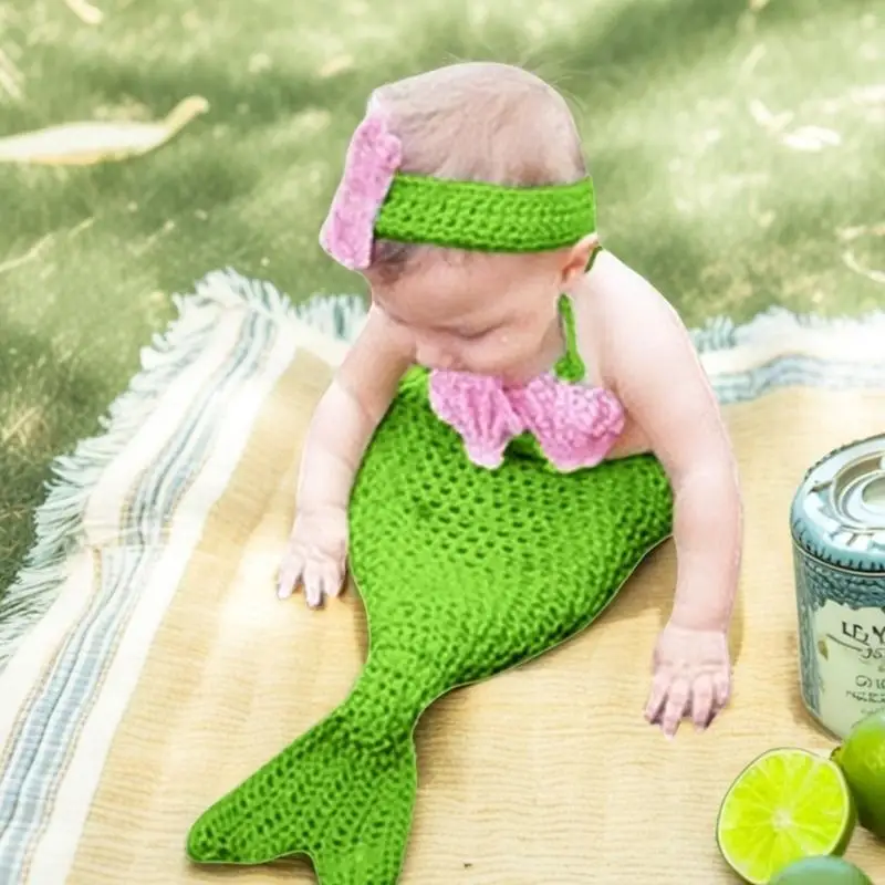 U13F الحياكة زي عذراء البحر لحديثي الولادة للراحة والسلامة في تصوير الطفل غطاء رأس قابل للتنفس مع زهرة الصدر