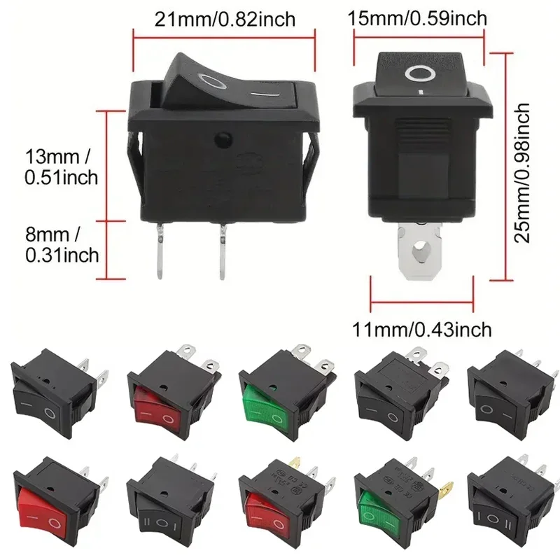 10Pcs KCD11 Mini Rocker Switches,15x21mm Snap-in 3Pin SPST 3A 250V Illuminated On/Off Switches for Small Appliances &Electronics