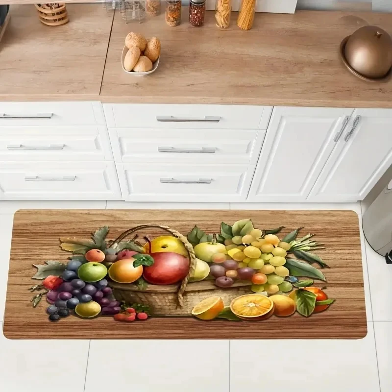VIKAMA Wood Grain Kitchen Mat Fruit Pattern Anti Fatigue Floor Mat Soft Cushioned Rug For Kitchen Rustic Home Decor