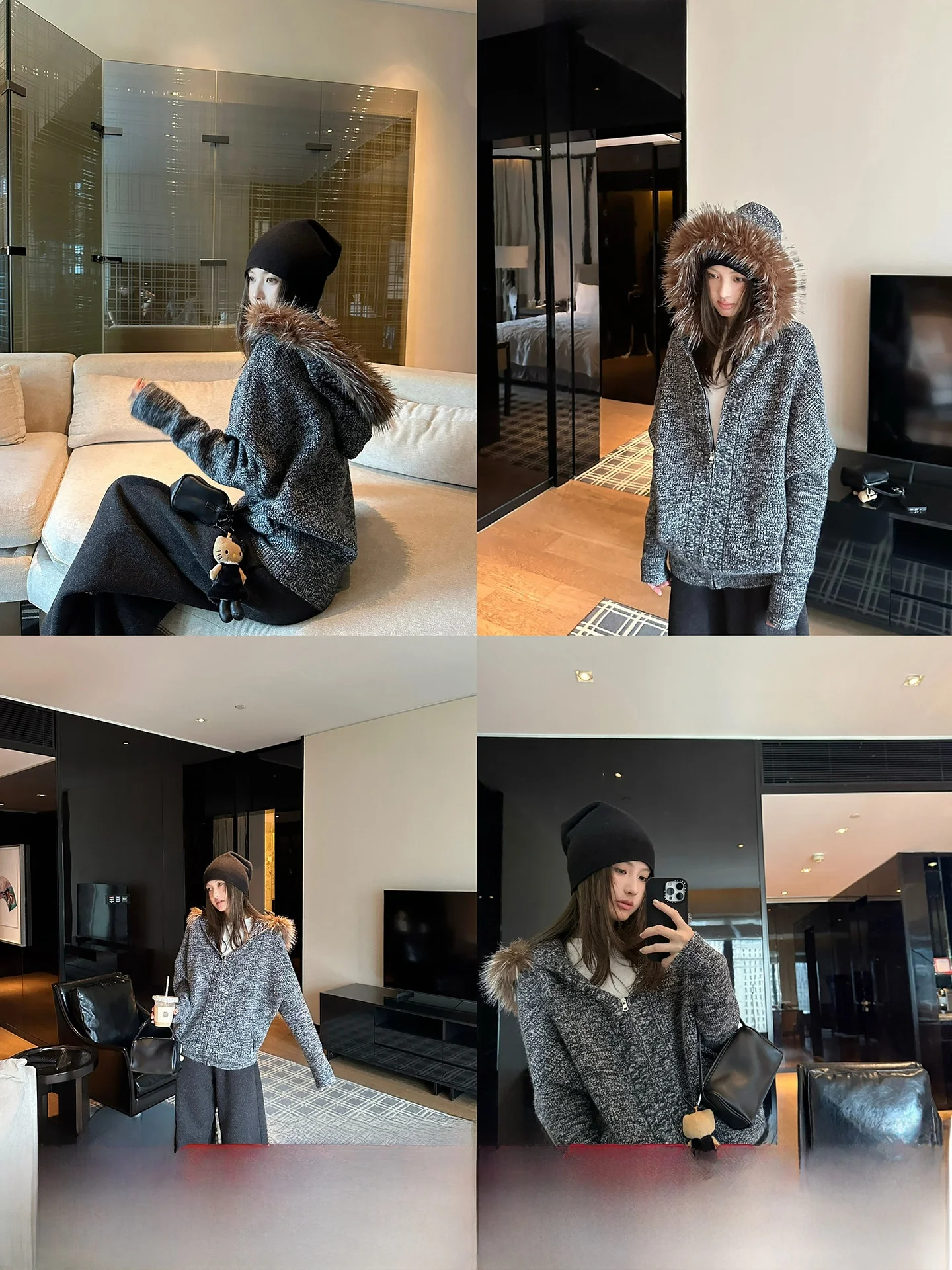 

Detachable Fur Collar Hooded Zipper Sweater Jaet Women's Loose Open Cardigan Top Autumn Korean Sle Casual Long Sve