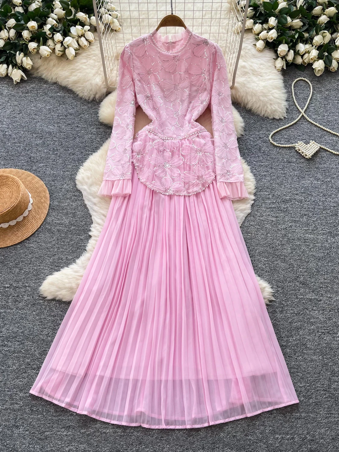 Elegant High Waist A-Line Dress Women's Long Sleeve Maxi Skirt Commute Pink Dress Formal Dress Polyester Fiber Non-Elastic