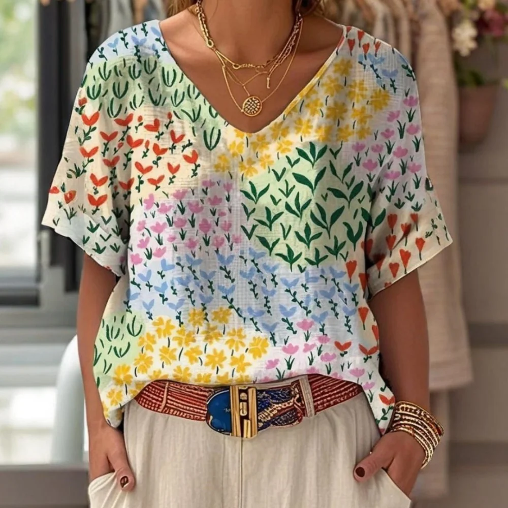 

2025 Women's Trendy T-Shirt Flowers Graphics Fashion Short Sleeved V-Neck Regular Tops Daily Print Tee Summer Y2K Casual Tops