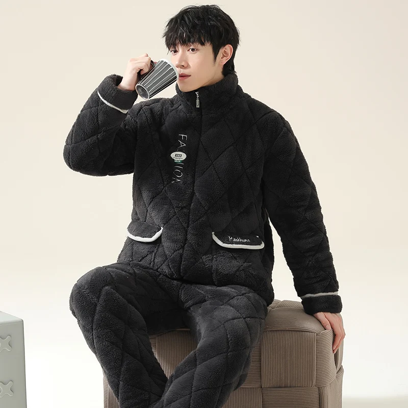 Winter Men Pajamas Set Thick Warm Mens Sleepwear 3 Layer Clip Cotton Pyjamas Male Homewear