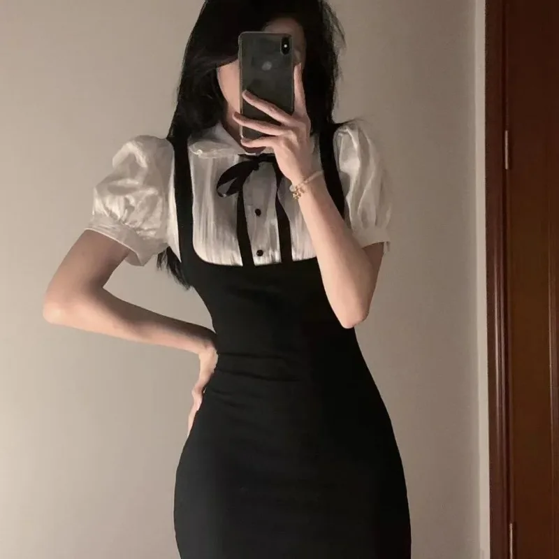 All-match camada base estilo universitário outwear bottoming linha de cintura baixa verão emagrecimento preto branco splice vestido sexy menina