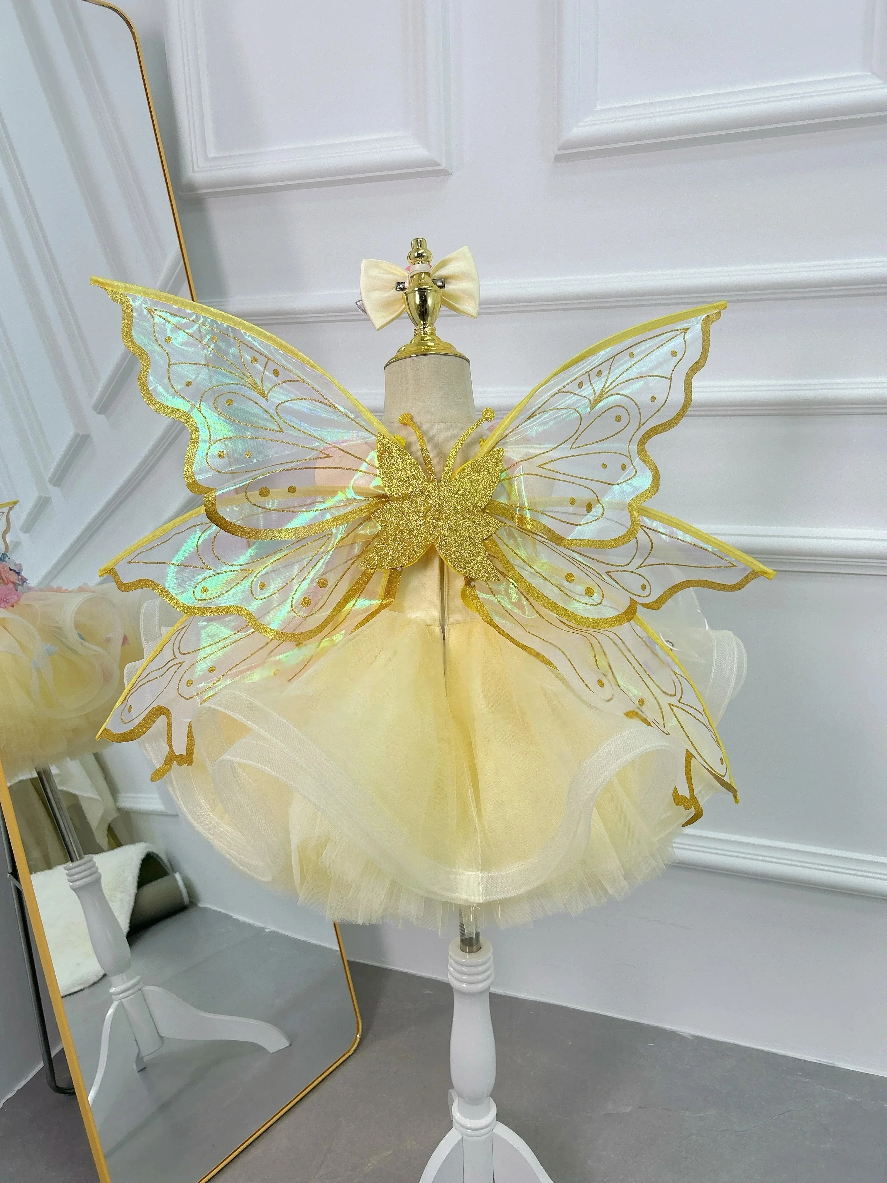 Robe de demoiselle d'honneur personnalisée pour mariage, fête d'anniversaire, concours de beauté, robe tutu en tulle florale 3D avec ailes pour enfants