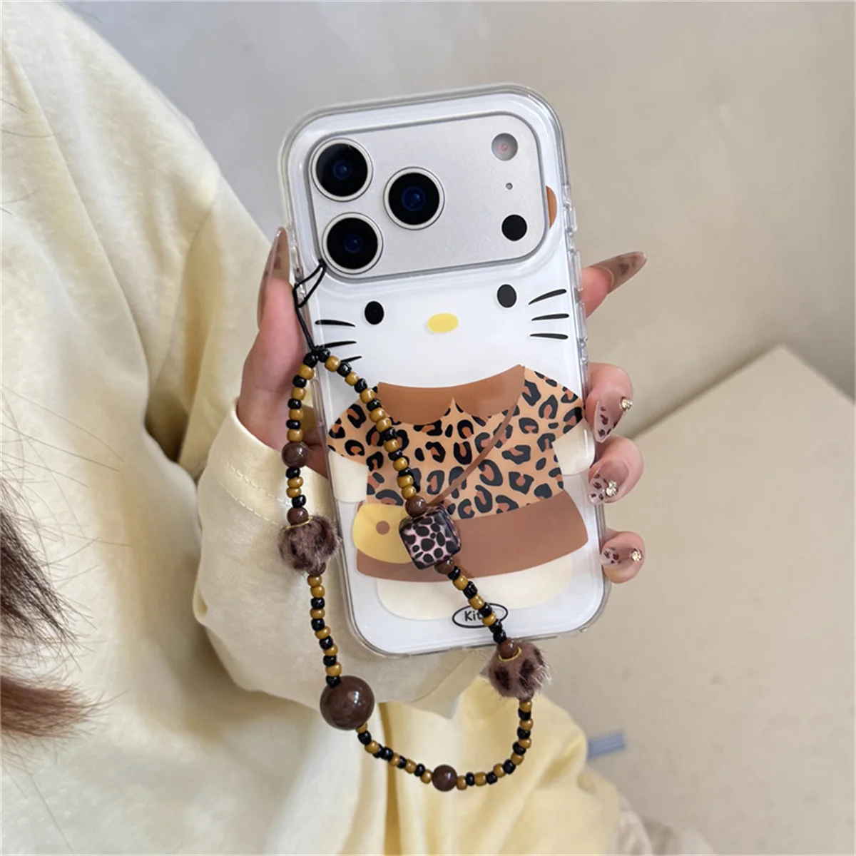 

Korean Cute Leopard Print Skirt Hellokitty Phone Case For iPhone 17 16 Pro 14 15 Pro Max Cover with Hand Strap Cartoon Cases