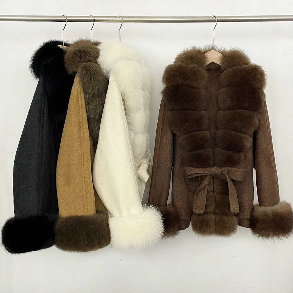 OFTBUY Neue Luxuriöse Warme Winterkleidung mit Natürlichem Fuchsfell Damen 100% Wollmantel mit Gürtel Echter Fuchsfell-Wollmantel für Frauen – Detail 4