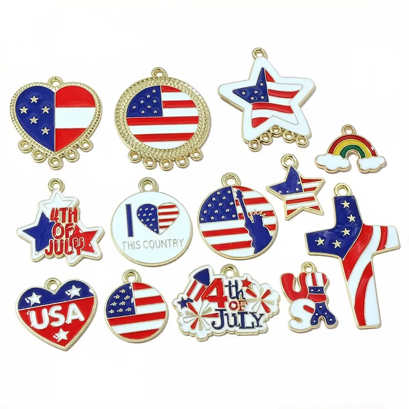 10Pcs Enamel USA Flag Charms Pendant Independence Day of United States 4th of July Heart Cross DIY Jewelry Making Accessories