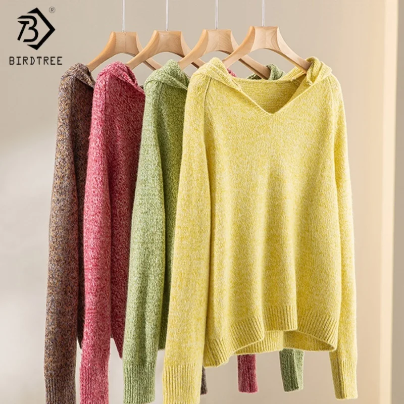 Birdtree,Wool Cashmere Blended Undershirt,Women Knitted Warmth Hooded Shirt,Loose,2025 Autumn Winter Solid Pullover T5N723JF