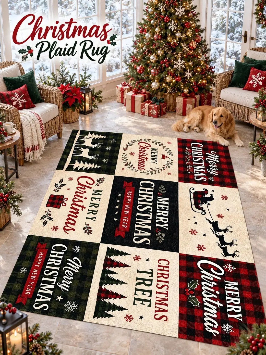 Christmas Rug Plaid Tree Sleigh Lettering Floor Decor Carpet Living Room Bedroom Dining Area Entryway Apartment Cabin Winter Home Accent Beside Sofa Coffee Table Housewarming Birthday Gift for Parents Friends Neighbors Homeowners Holiday Celebrations