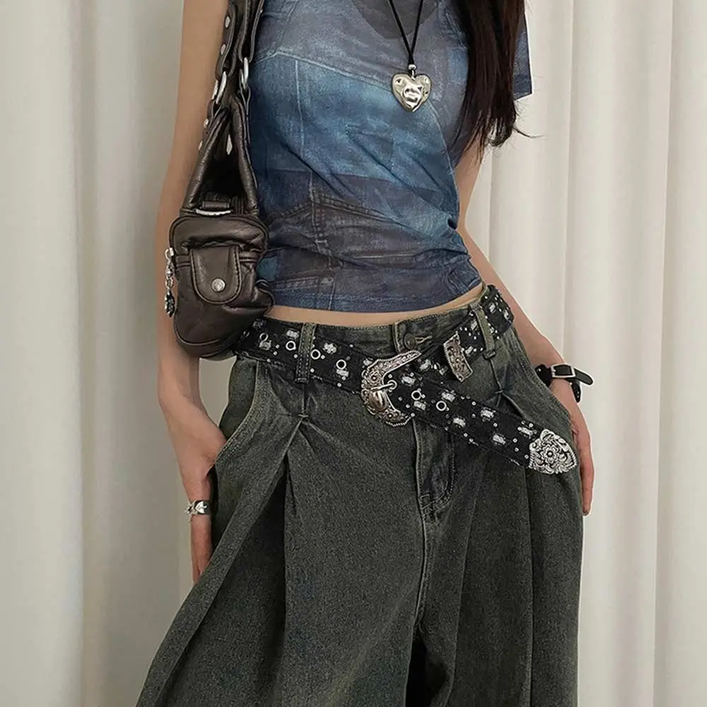 Jeans Broek Decor PU Leer Punk Riem Y2K Gepersonaliseerde Taille Chain Jeans Riem