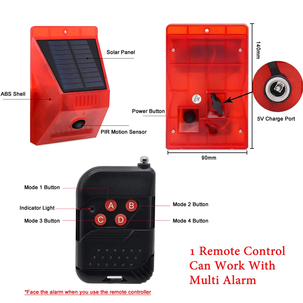 Solar Powered PIR Motion Sensor Alarm With Remote Control 129dB Siren Strobe For Home Garden Shed Caravan Security Alarm System