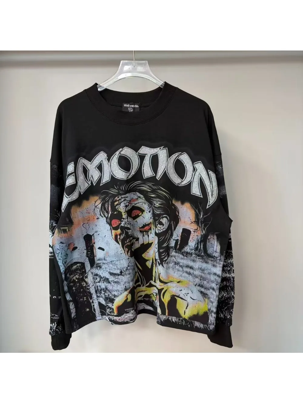 High Quality Designer MIXED-EMOTION Long sleeved T-shirt 100% cotton men's and women's Vintage Printed and hotfix rhinestone High Street Trendy Fashion Hip Hop T-shirt hoodie sweatshirt Pullover