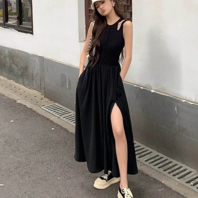 فساتين نسائية طويلة صيفية عتيقة بدون أكمام من سيوليش 2025 فستان جديد عالي الخصر أسود غير رسمي فضفاض مستقيم بدون أكمام للسيدات
