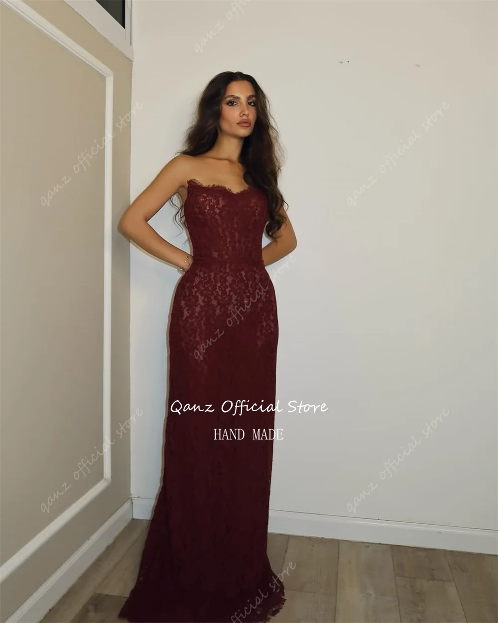Qanz Burgundy Lace Appliques Vestidos De Fiesta Sweetheart Corset Back Evening Dresses Evening Dresses Woman Elegant Customized image 5