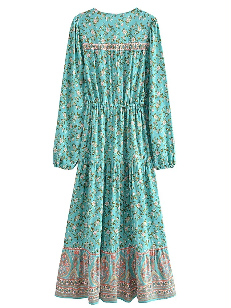 Vintage Chic Lantern Sleeve Bohemian Maxi Dresses for Women Loose V-Neck Green Floral Print Ladies Rayon Summer Boho Dress Robe