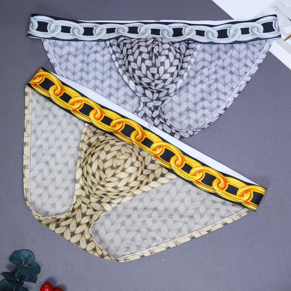 Men's Sexy Underwear Mesh Panties Bulge Pouch Chains Pattern Hot Hot Lingerie See Through Briefs Sexy Accessories For Couple