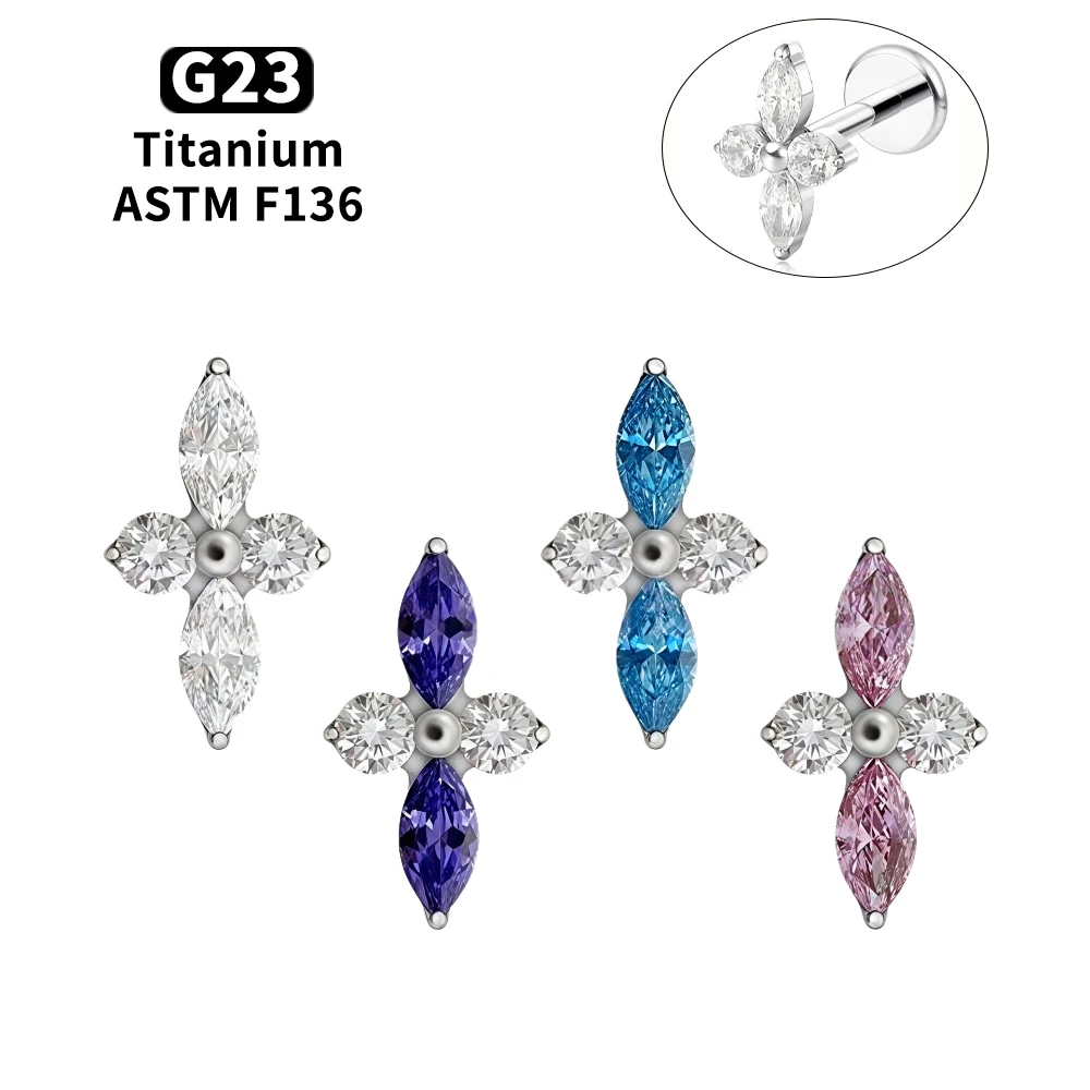 16G G23 Titan-Ohrringe mit Innengewinde und Zirkonia-Glücksklee – Labret Tragus Helix Knorpel Flat Back Lippenpiercing Schmuck