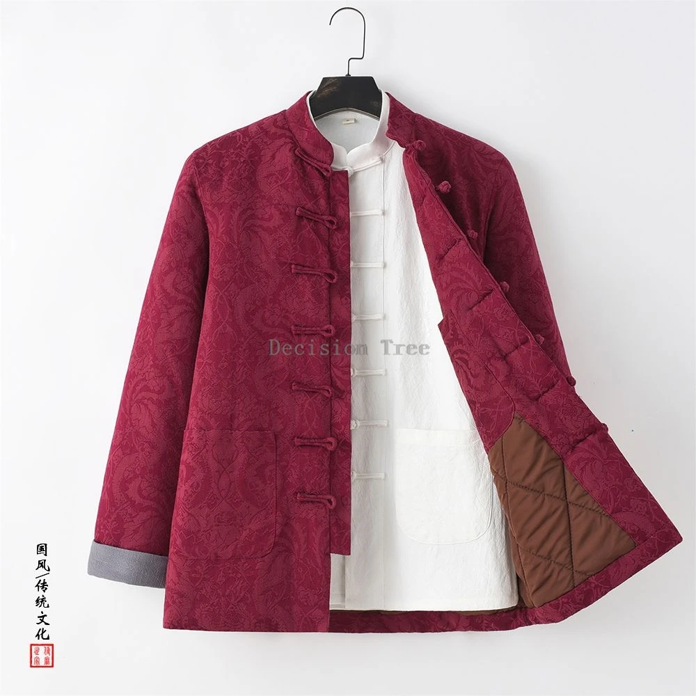 2025 cotton and linen men's tang suit jacket elegant high end jacquard coat thicken warm breathable cotton chinese wushu top