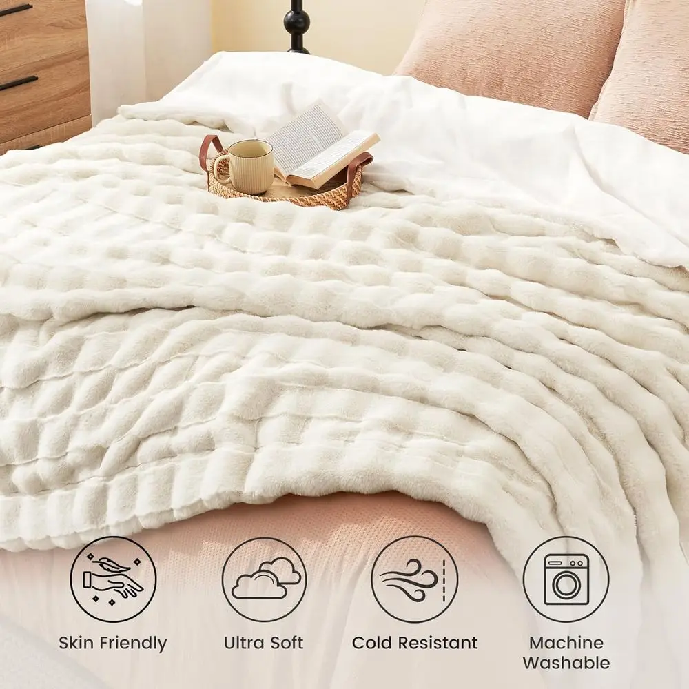 Fluffy Faux Fur Blanket Queen Size for Bed, Fuzzy Soft Striped Plush Blanket, Thick Throw for Bedroom Couch Gift, 90x90 Inches C