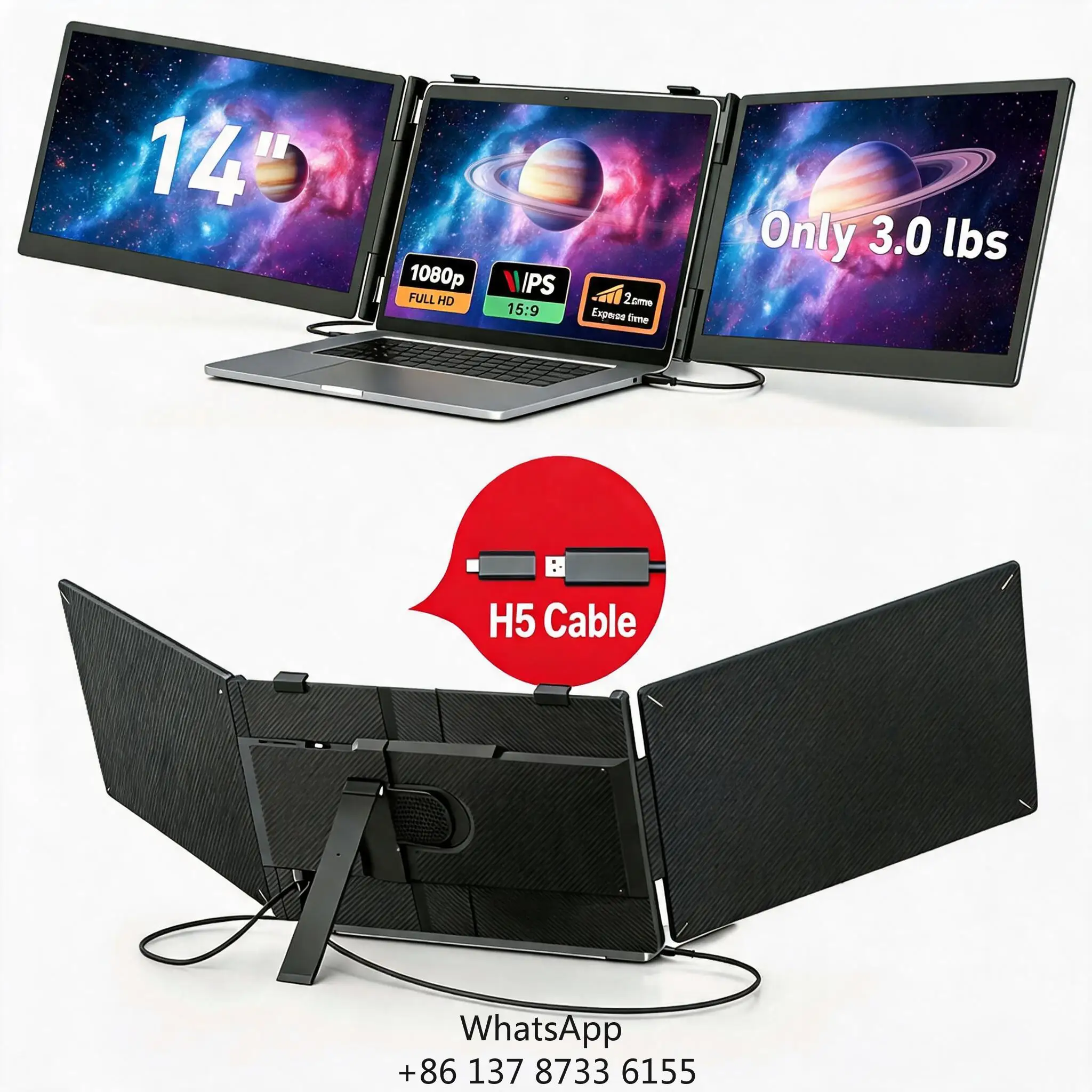 Portable 14 Inch IPS Monitor For Laptop With Dual Screen Support Triple Vertical & Horizontal Modes Type C Interface