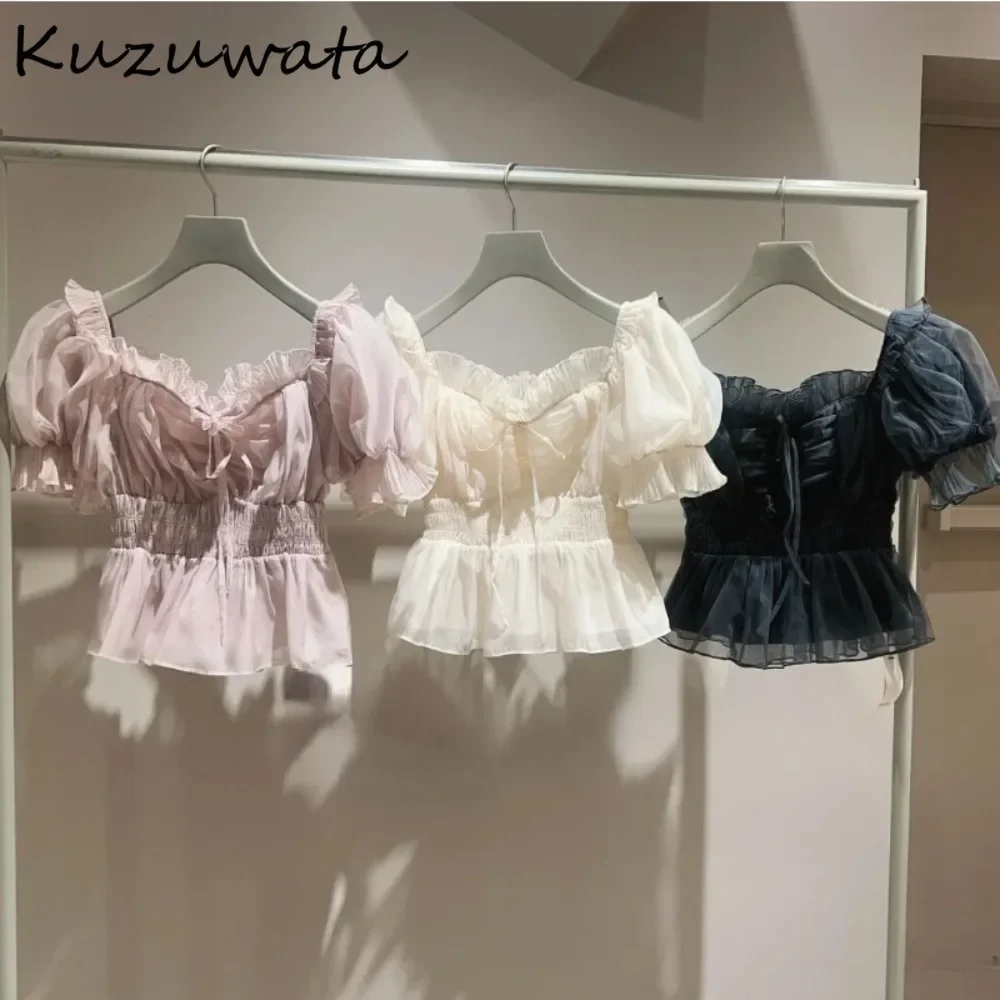 Kuzuwata süße Slash Neck Puff ärmel elegante Blusen von der Schulter Mesh Schnür hemd Japan neue Moda All-Match Casual Blusas