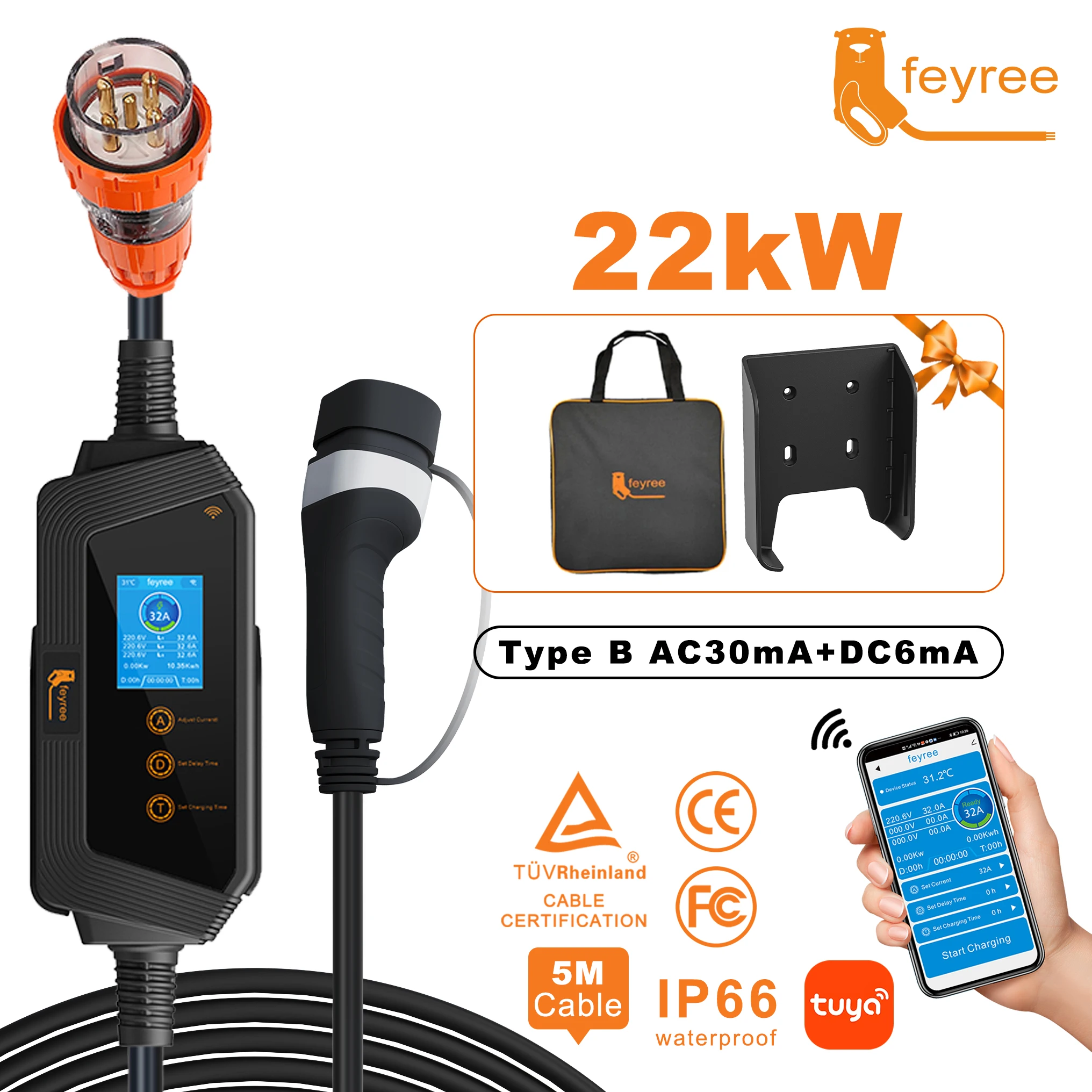 Feyree 22KW 32A 3Phase Type2 EV Charger Wi-Fi APP Control EVSE Portable Charging Box with AU 5pin Plug for Electric Car Charger
