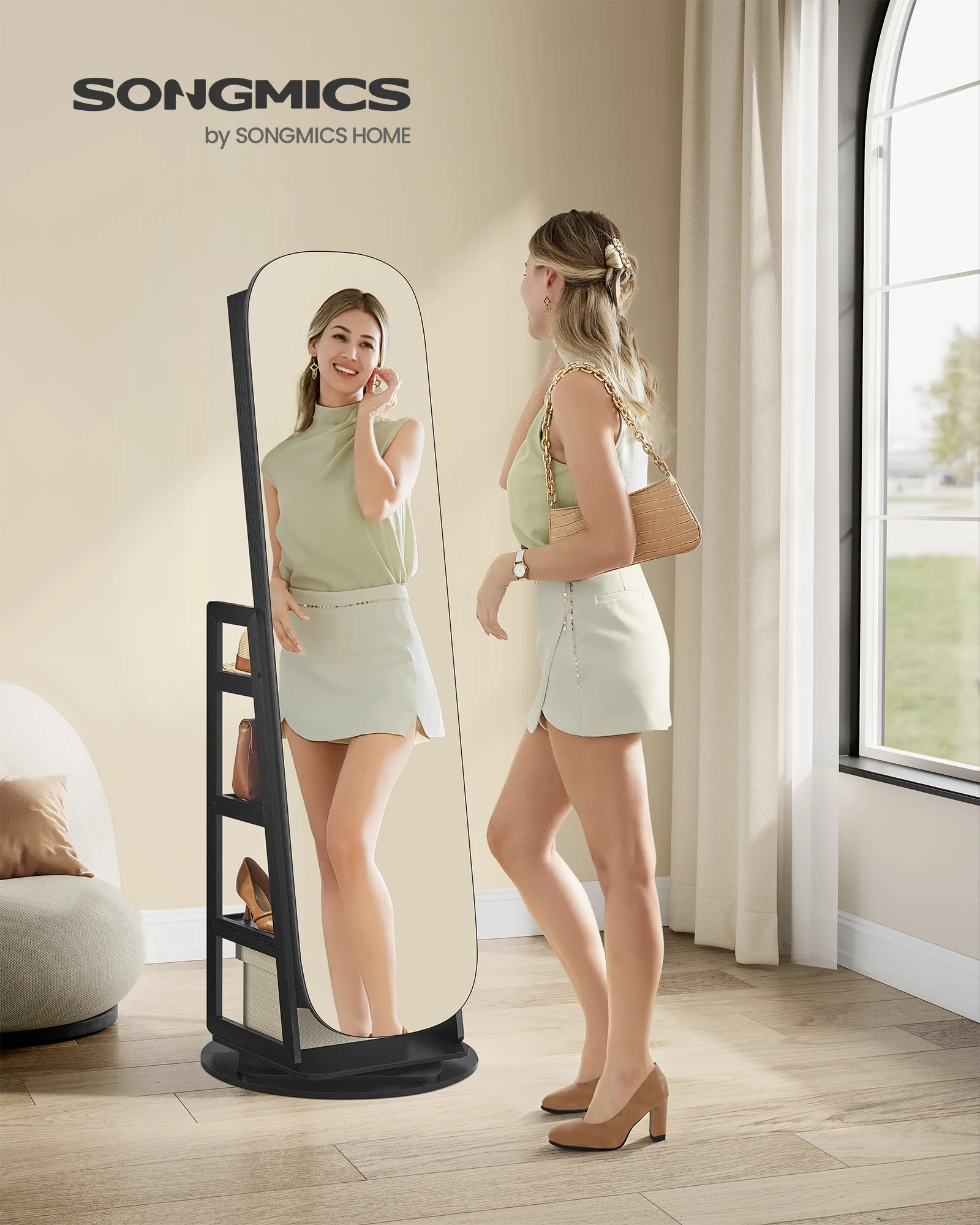 SONGMICS LED Jewelry Cabinet, 360° Swivel Jewelry Organizer, Lockable Mirror Jewelry Cabinet Standing, Interior Mirror