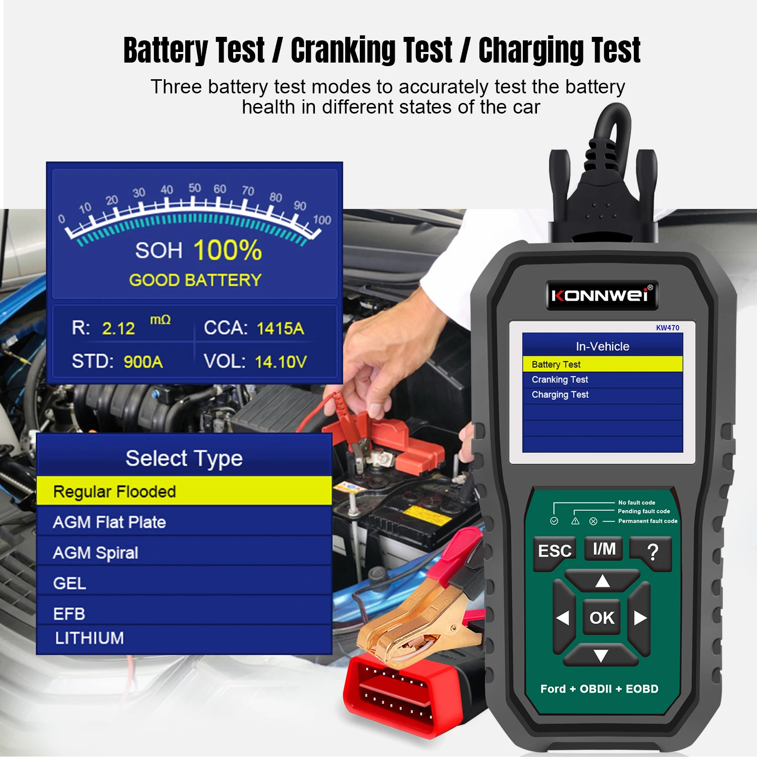 Multi-function Handheld All System OBD2 Car Diagnostic Tools Battery Tester KW470 For Ford with OIL RESET KEYFOB