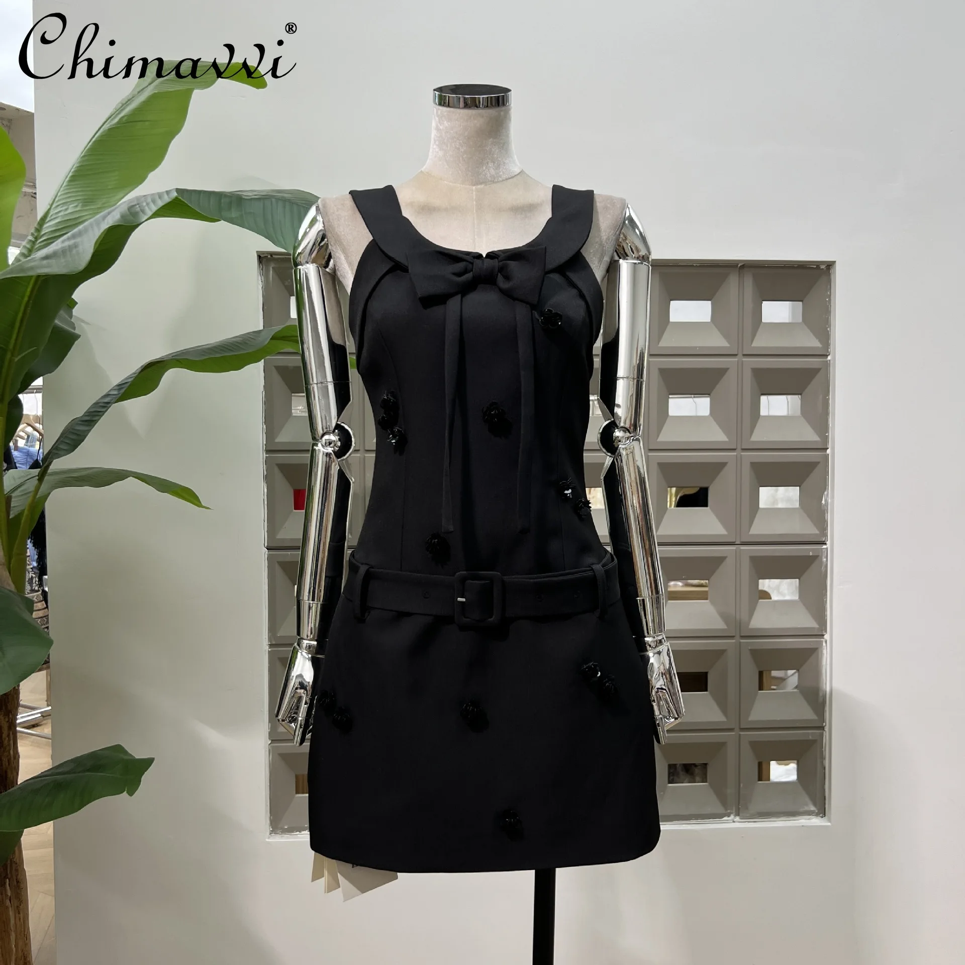 

French Elegant Socialite Black Party Dress Crew Neck Sleeveless Sequins 3D Flower High Waist Belt Slim A-line Short Dress Women