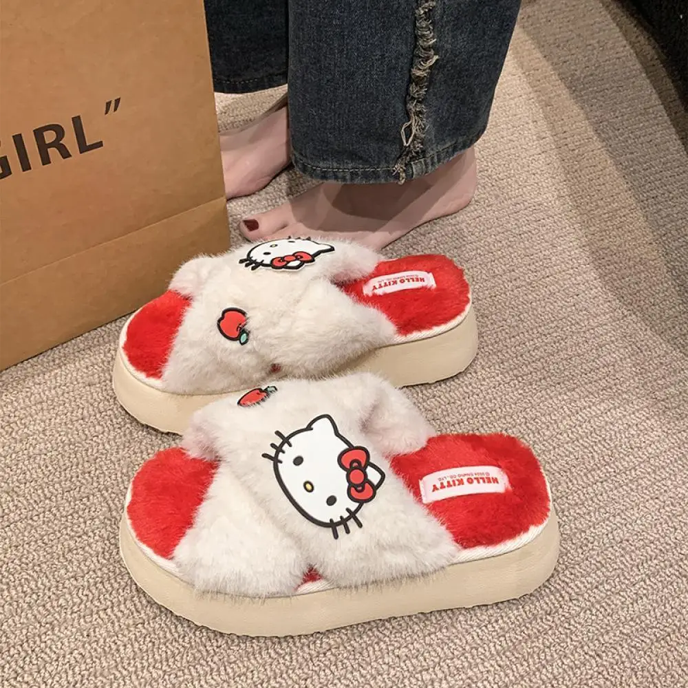 

Anime Hello Kitty Winter Warm Plush Slippers My Melody Kuromi Sanrio Kawaii Cartoon Cute Thicken Home Slippers Festival Gift