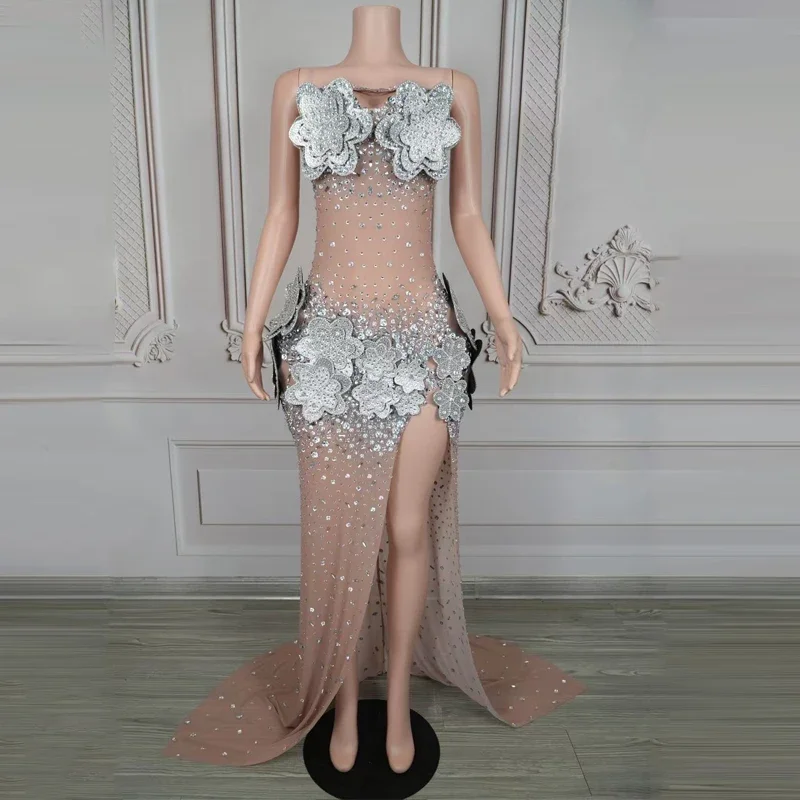 Strass robe de soirée fleur gala tenues d'anniversaire femmes chanteur scène défilé Festival tenue Performance tenue de fête
