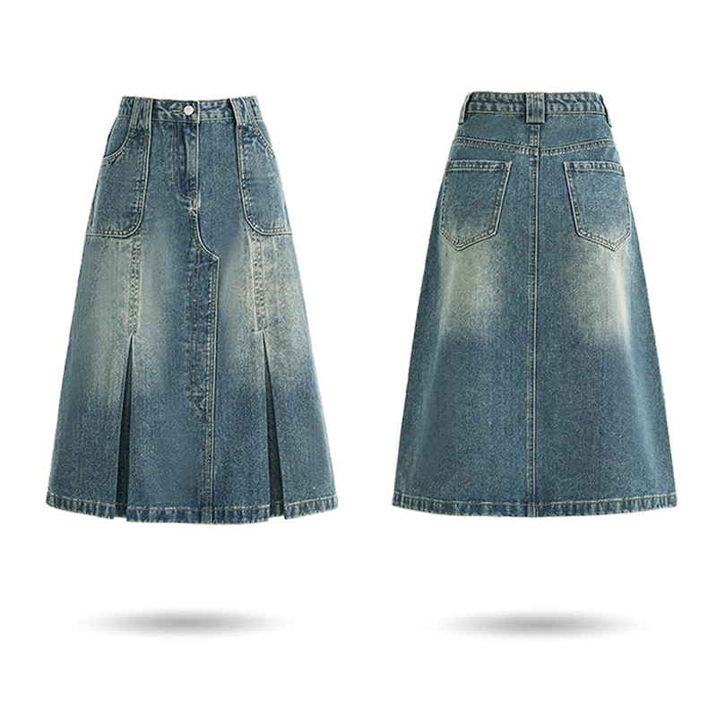 Summer New Denim Skirt With Pleats, Fashionable Trend, Retro Blue , High Waist, Slimming A-Line Mid Length Skirt For Women