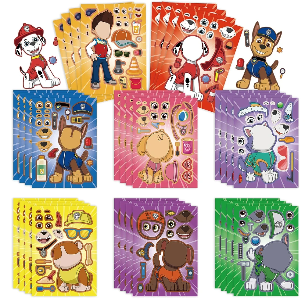 8/16Sheets PAW Patrol Puzzle Anime Stickers Chase Make-a-Face Assemble Funny Cartoon Decal Assemble Jigsaw Children Gift Boy Toy