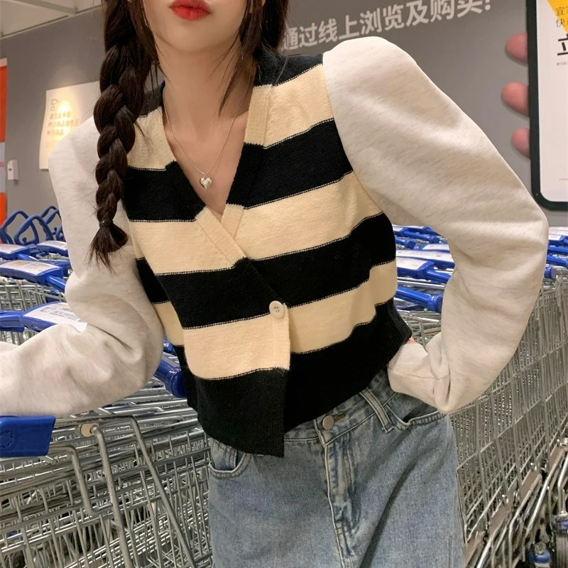 

Женские свитера Y2K High Street, новинка 2023 года, осенний полосатый кардиган, женские облегающие вязаные футболки с длинными рукавами и пышными рукавами B252