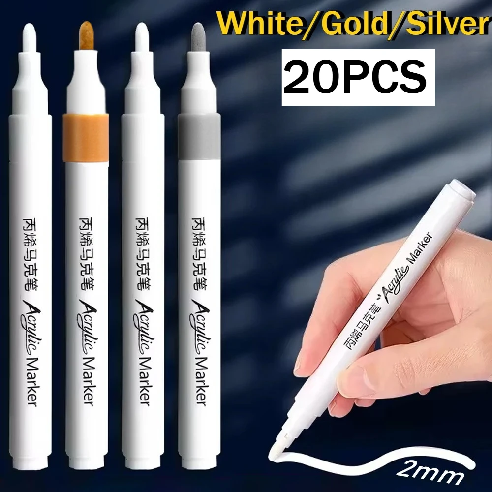 

Набор из 20 акриловых маркеров (белый/золотой/серебряный), перманентные ручки для рисования на черной бумаге, шинах, пластике, камне, металле, для офиса и школы