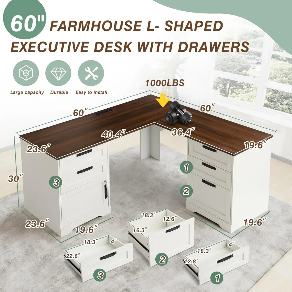 مكتب تنفيذي على شكل حرف L مقاس 60 بوصة من TITIMO مع أدراج، مكتب منزلي للمزرعة مع محطة شحن، مكتب كمبيوتر زاوية خشبية مع