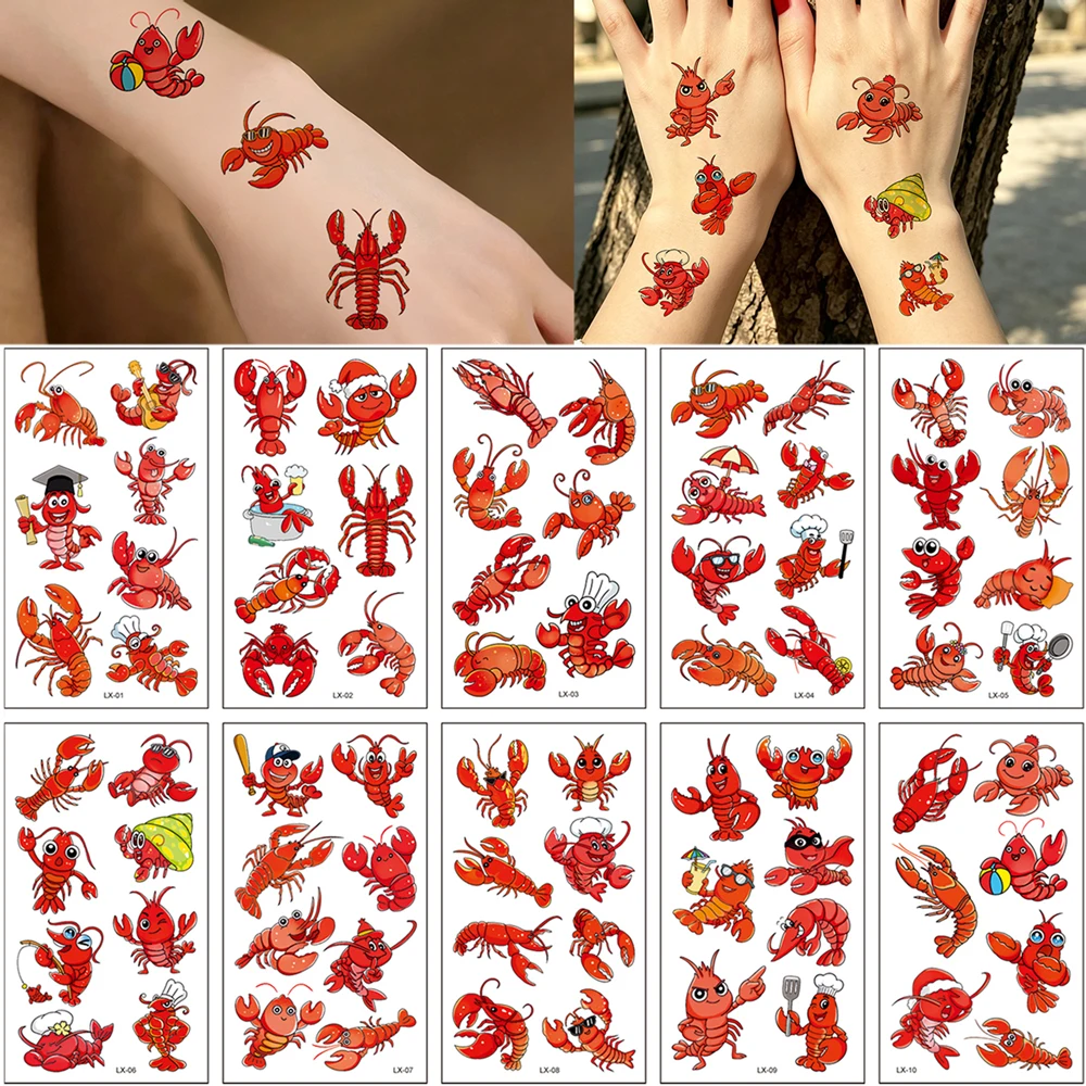 10 Sheets Lobster Pattern Tattoo Stickers, Waterproof Cartoon Cute Temporary Tattoos Suitable for Party Gifts Holiday Body Art